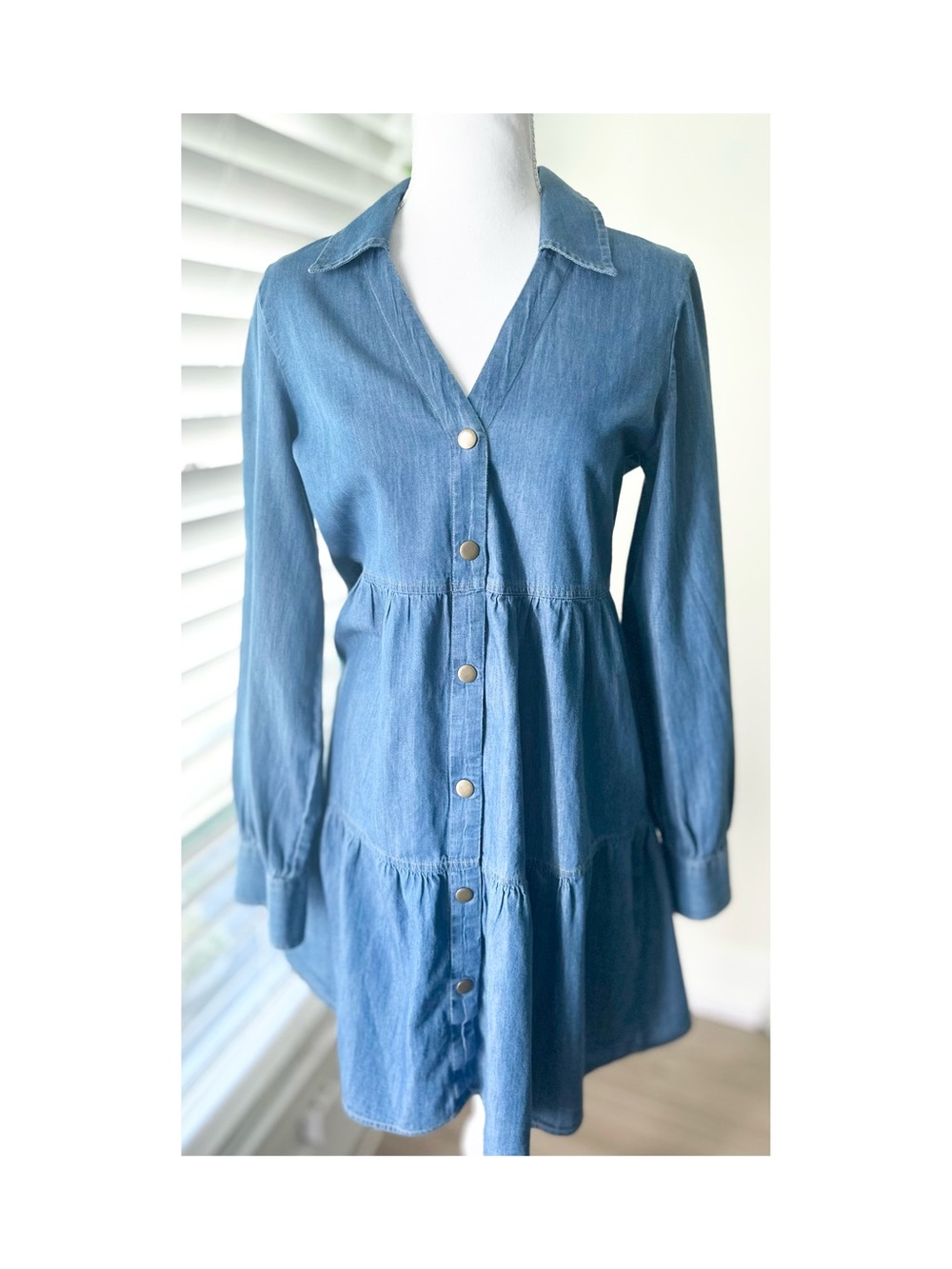 Simons Blue Button-Front Denim Tiered Long-Sleeve Dress